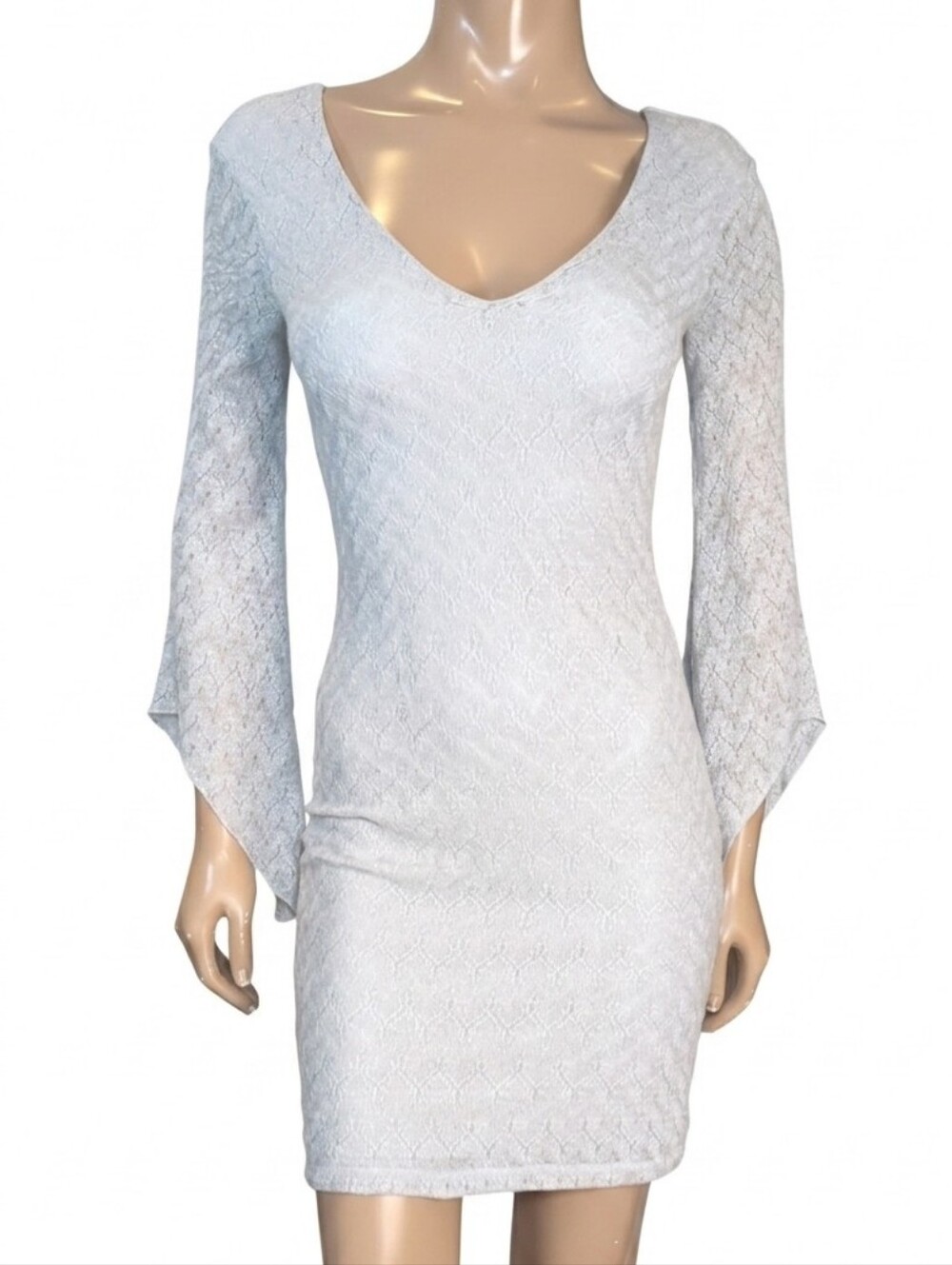 NEW Buffalo David Bitton Grey Lace Knit Bell Sleeve Dress Mini Vneck Size XS
